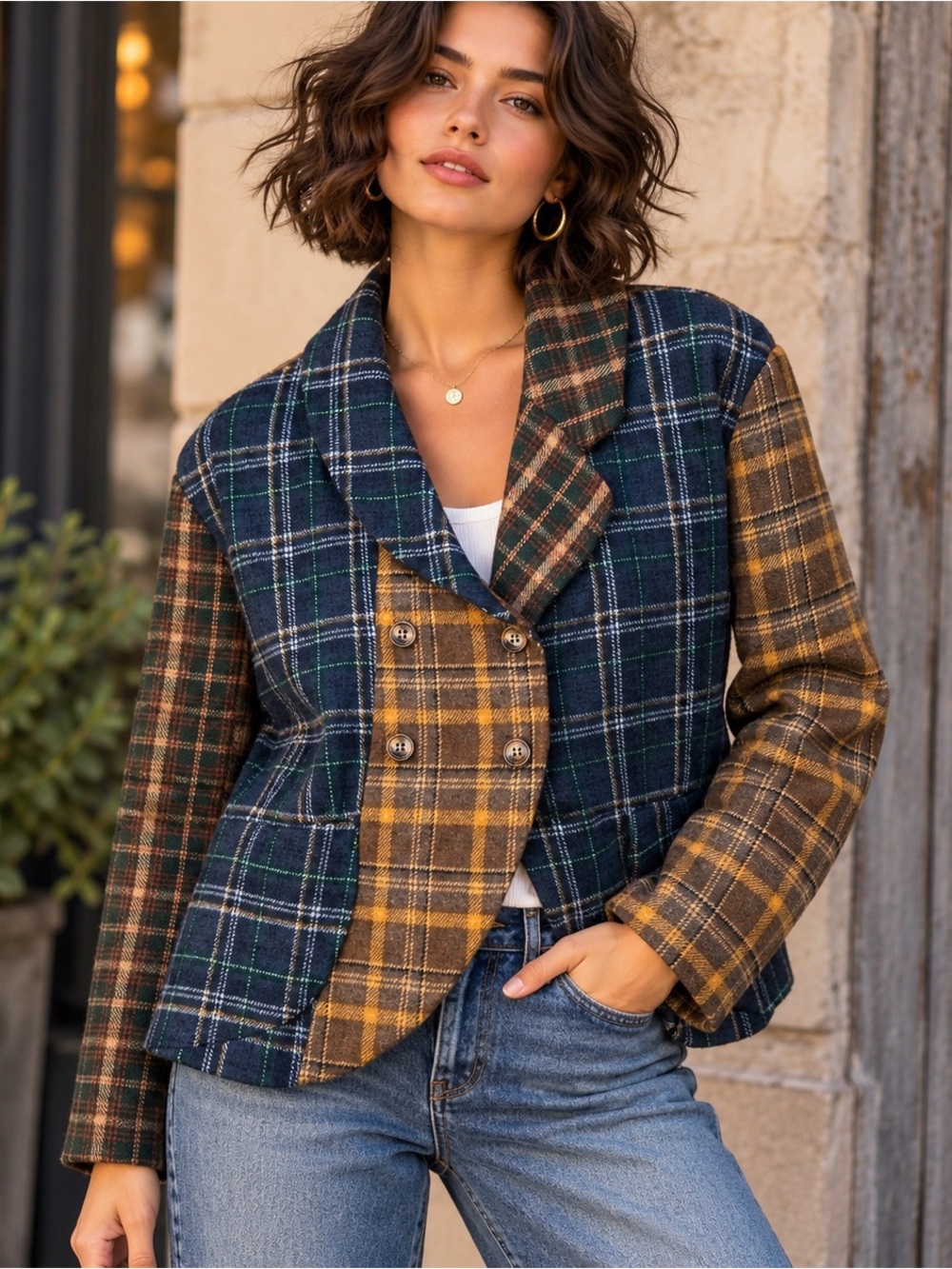 Portrait Patchwork Plaid Wool Blend Double Breasted Blazer Academia Preppy L NEW